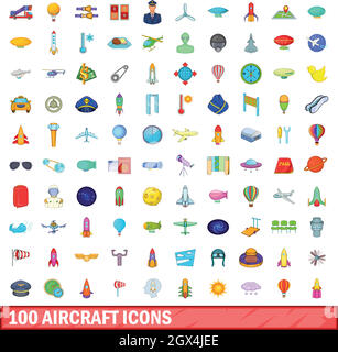 100 aircraft icons set, cartoon style Stock Vector