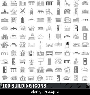 100 building icons set, outline style Stock Vector