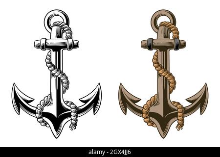 Hand drawn anchor with rope Isolated on white background. Black and white vector illustration of anchor done in woodcut style. Layered file for easier Stock Vector