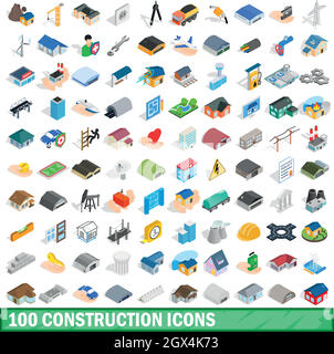 100 construction icons set, isometric 3d style Stock Vector