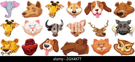 Set of different cute cartoon animals head huge isolated on white background Stock Vector