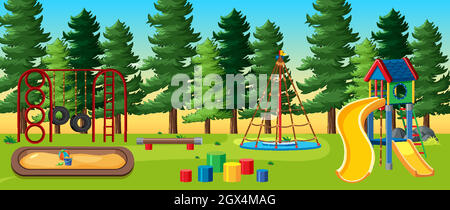 Kids playground in the park with many pines at daytime cartoon style Stock Vector