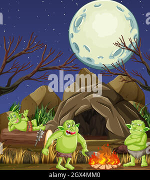 Night scene with goblin or troll cartoon character Stock Vector