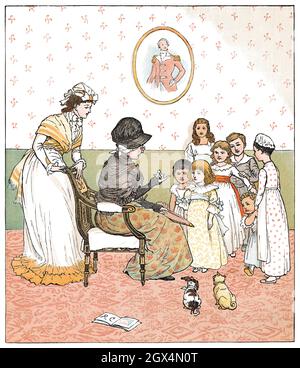 1880 vintage illustration by Randolph Caldecott for the nursery rhyme Sing A Song Of Sixpence. Stock Photo