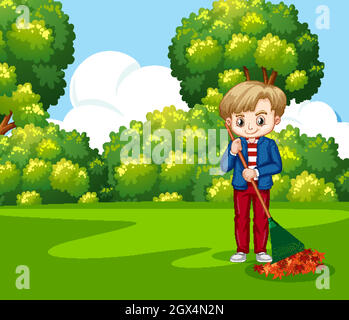 Scene with boy raking leaves in the park Stock Vector