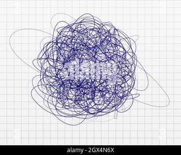 Doodles knot ball pen drawn, stain of chaotic lines on checkered paper sheet, school empty background for creative design, chaos symbol, hand drawing Stock Vector