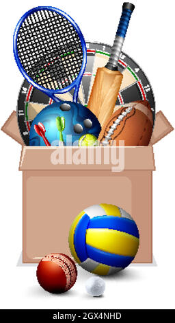 Cardboard box full of sport equipments on white background Stock Vector