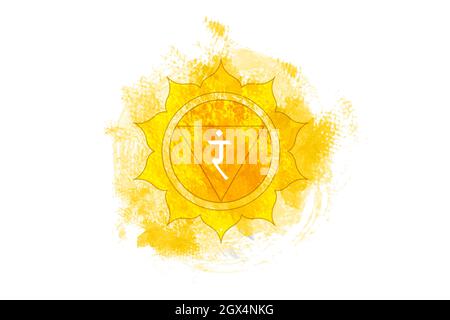 Third chakra of Manipura, solar plexus chakra logo template in watercolor style. Yellow mandala. Spiritual meditation element vector illustration Stock Vector