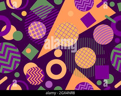 Geometric seamless pattern in the style of memphis from the 80s. Circles with zigzags and geometric shapes. Background for wrapping paper, advertising Stock Vector