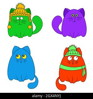 Four amusing cartoon in bright colors cats isolated on white background, color image of pets Stock Vector