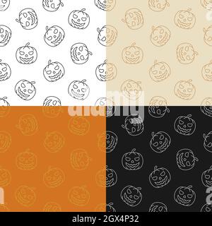 set of seamless patterns with smile Pumpkin fruit. Autumn Halloween pumpkins. Ornament for decoration and printing on fabric. Design element. Vector Stock Vector