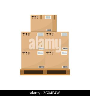 Crate boxes on wooden pallet. Stack of cardboard box for warehouse storage. Flat and solid color vector illustration. Stock Vector