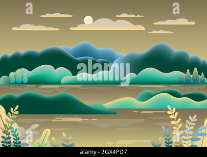 Hills landscape in flat style design. Beautiful field, meadow, mountains and sky. Rural location with valley, lake, river, hills, forest, trees. Green brown gradient colors. Cartoon background vector Stock Vector