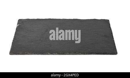 big rectangular black slate stone board isolated on white background, utensils for serving food Stock Photo