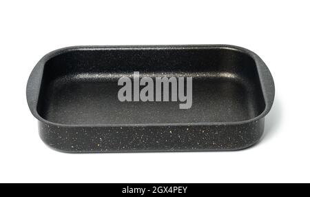 empty black rectangular non-stick oven tray isolated on white background, top view Stock Photo