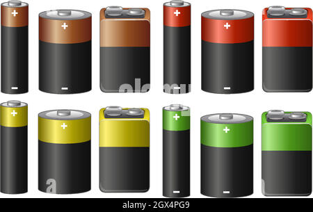 Set of batteries in many sizes and color Stock Vector