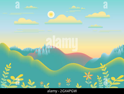 Hills, mountains landscape in flat style design. Beautiful field, meadow, sky, cloud and sun. Rural location with valley forest, trees.Blue yellow gradient color.Cartoon background vector illustration Stock Vector