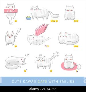 Set of vector cartoon stickers with cats with different emotions and emoticons: joyful, cheerful, angry, sleeping, welcoming, flying, meditating, eati Stock Vector