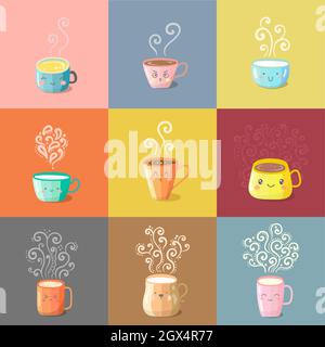 Vector set of kawaii bright colorful cute characters cups with different emotions. Mugs with tea, coffee, matcha, milk with beautiful curly swirl smok Stock Vector