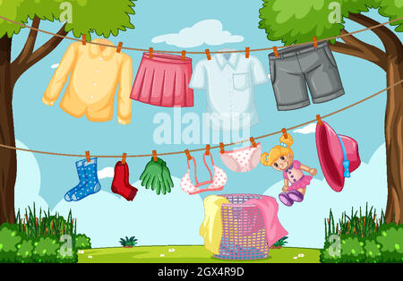 Clothes hanging on line in the yard Stock Vector