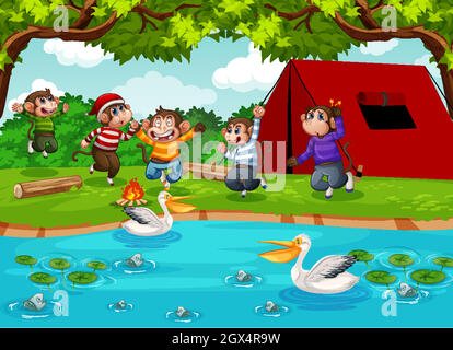 Five little monkeys jumping in the park scene Stock Vector
