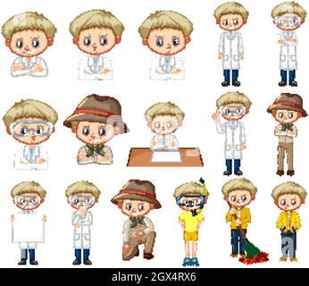 Set of boy in different costumes doing many activities Stock Vector
