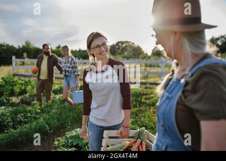 Happy mid adult female farmer with her senior friend carrying crate with homegrown vegetables outdoors at community farm. Stock Photo