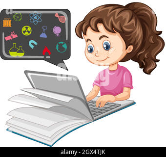 Girl searching on laptop with education icon cartoon style isolated on white background Stock Vector