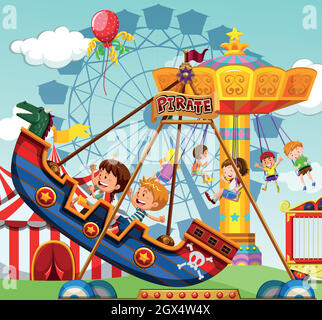 Children riding on rides at the funfair Stock Vector