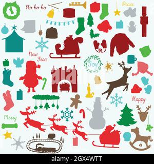 Hand Drawn Christmas doodles. Holiday cake, gifts, tree, Santa, reindeers, elf, ornament, fireplace. Winter New Year Party. Colored silhouette. Stock Vector