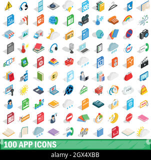 100 app icons set, isometric 3d style Stock Vector