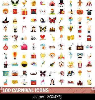 100 carnival icons set, flat style Stock Vector