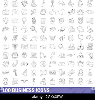 100 business icons set, outline style Stock Vector