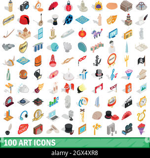 100 art icons set, isometric 3d style Stock Vector