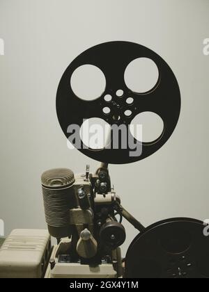 Vintage movie projector. Film reels. Black and white. Still life, close-up  Stock Photo