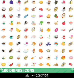 100 drinks icons set, isometric 3d style Stock Vector