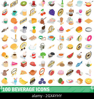 100 beverage icons set, isometric 3d style Stock Vector
