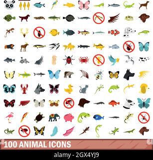 100 animal icons set, flat style Stock Vector