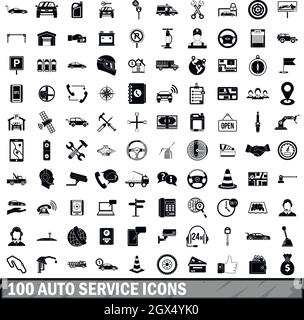 100 auto service center icons set, simple style Stock Vector