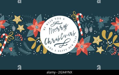 Lovely hand drawn Christmas arrangement, cute greenery, flowers and snowflakes and Christmas Greetings, great for banners, cards, wallpapers, as cover Stock Vector