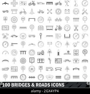 100 bridges and roads icons set, outline style Stock Vector