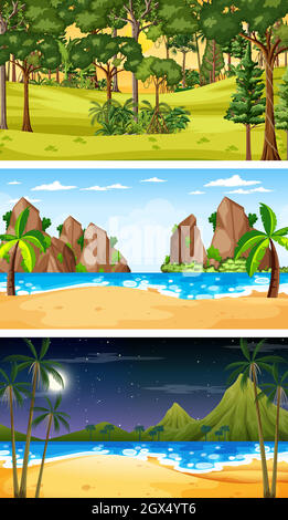 Set of three different forest horizontal scenes Stock Vector