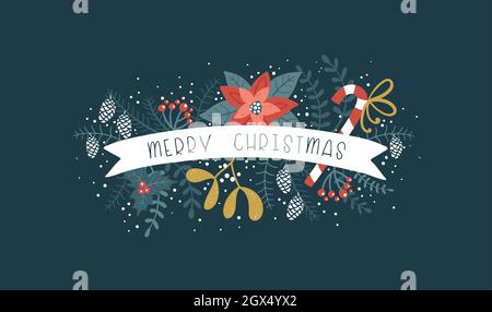Lovely hand drawn Christmas arrangement, cute greenery, flowers and snowflakes and Christmas Greetings, great for banners, cards, wallpapers, as cover Stock Vector