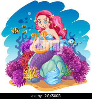 Mermaid and sea animal theme cartoon style on under sea background Stock Vector