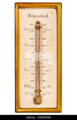 Antique French thermometer with Fahrenheit scale and golden frame isolated on a white background Stock Photo