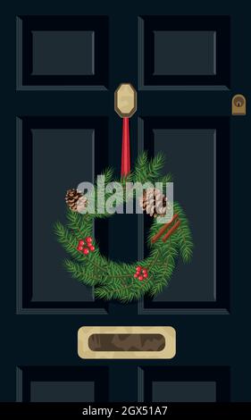Front door with a Christmas wreath. Christmas decoration. Holiday card Stock Vector