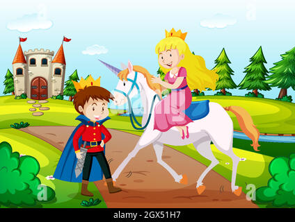 Prince and princess in fairytale land scene Stock Vector