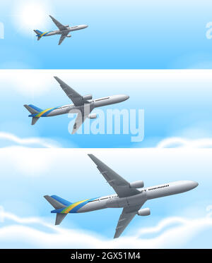 Three scenes of airplane flying in sky illustration Stock Vector Image ...