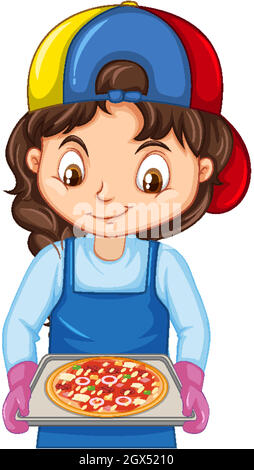 Chef girl cartoon character holding pizza tray Stock Vector