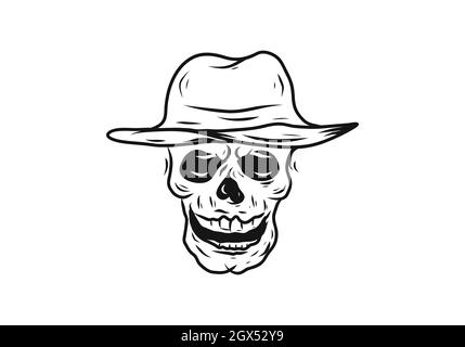 Black line art drawing of skull wearing cowboy hat design Stock Vector